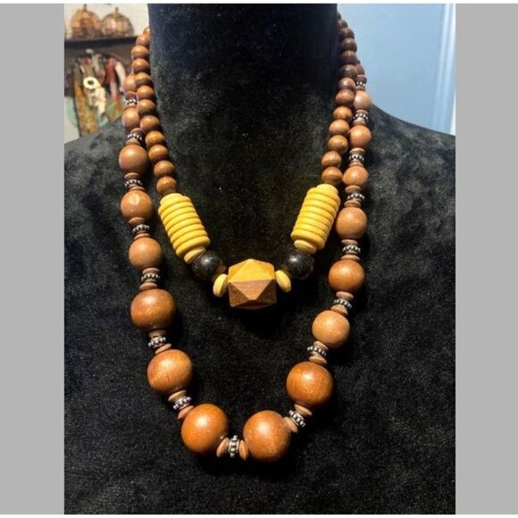 Vintage Bohemian Wood Beaded Necklace Set of 2 Artisan Design 18" & 24” Chic - Picture 5 of 6
